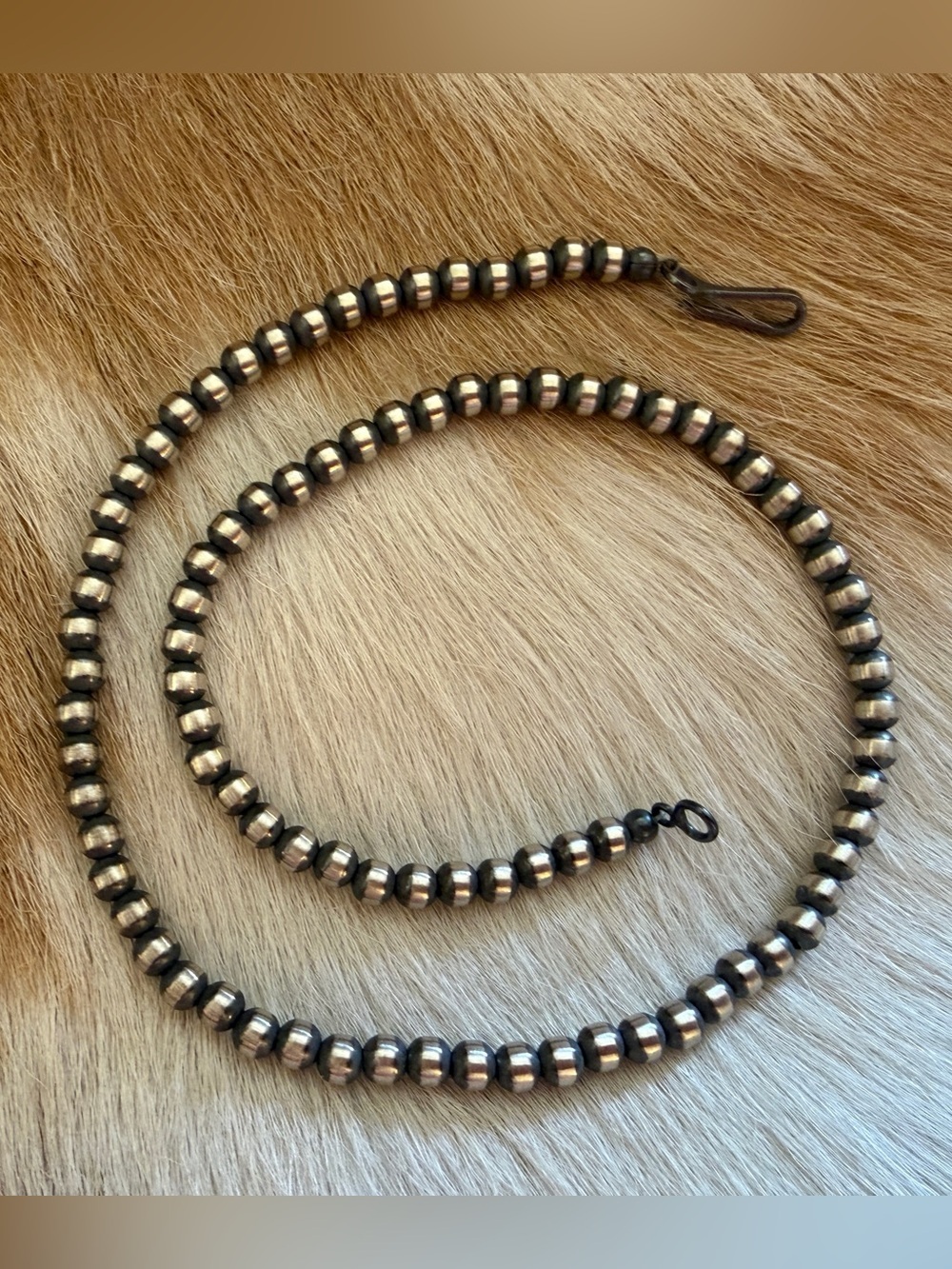 ❤️ 14” 4mm Desert Pearls / Beads Navajo Sterling Silver Necklace USA 7.8G Unisex